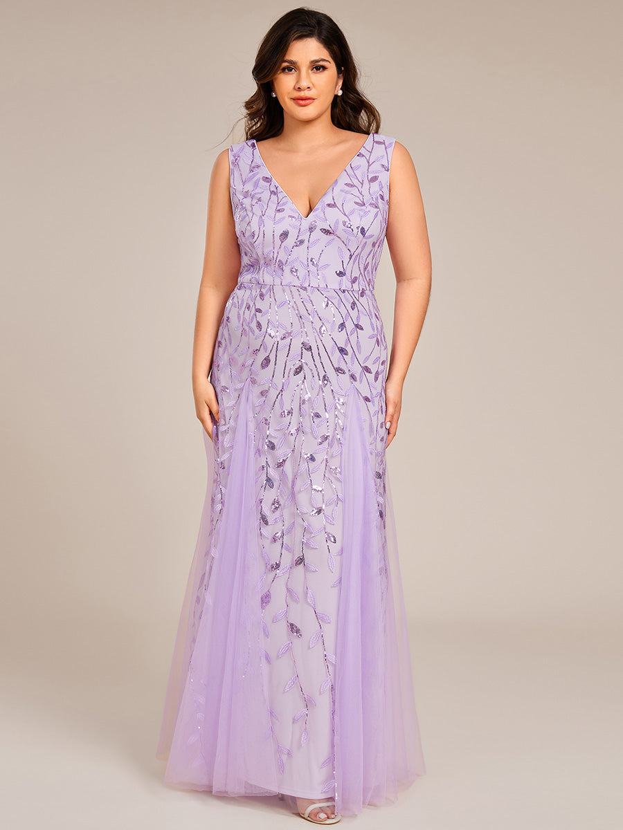 Plus Size Sparkling Sleeveless Leaf Sequin A-Line Formal Evening Dress #color_Lavender