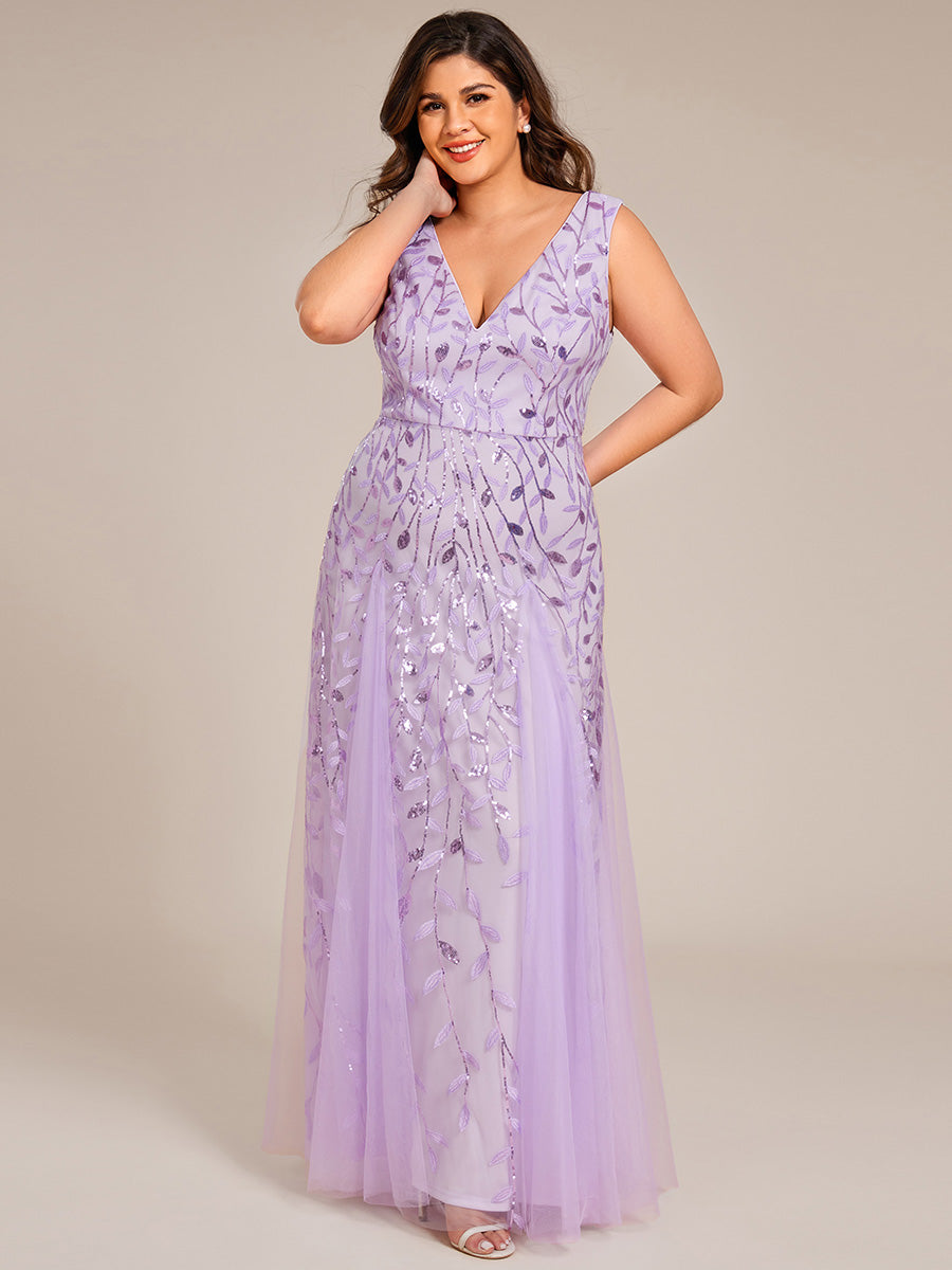 Plus Size Sparkling Sleeveless Leaf Sequin A-Line Formal Evening Dress #color_Lavender