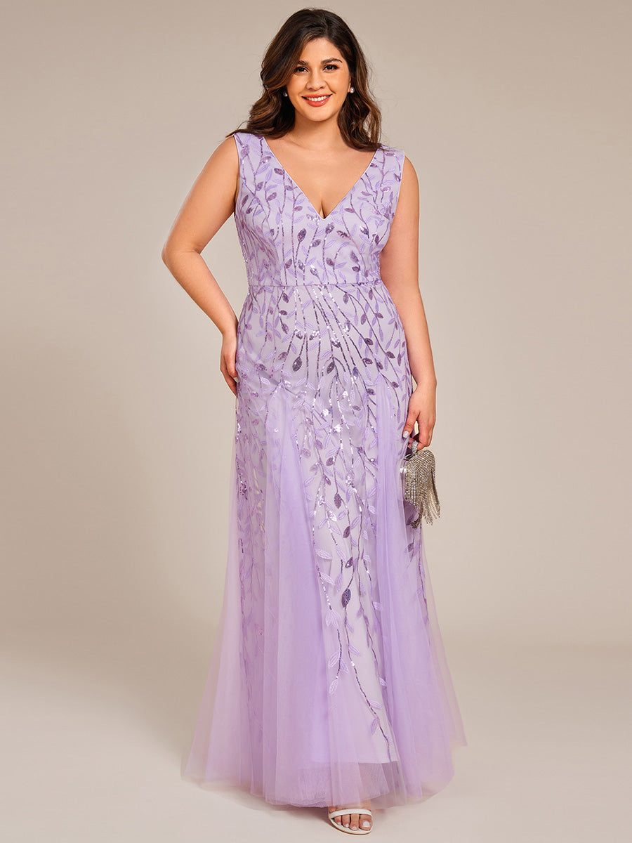 Plus Size Sparkling Sleeveless Leaf Sequin A-Line Formal Evening Dress #color_Lavender