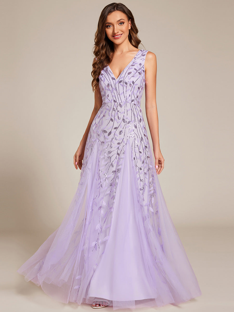 V-Neck Leaf Sequin Sleeveless A-Line Formal Evening Dress with Tulle #color_Lavender