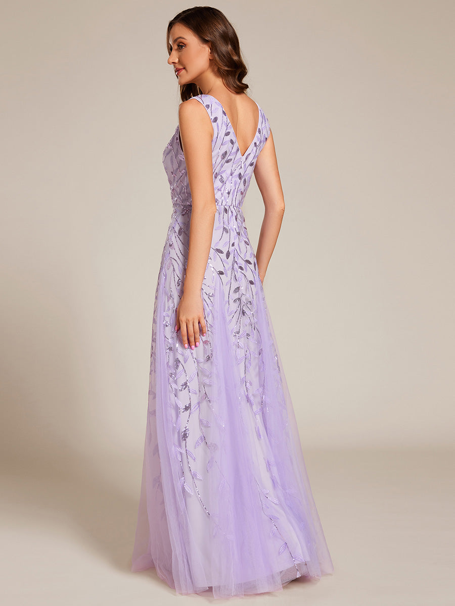 V-Neck Leaf Sequin Sleeveless A-Line Formal Evening Dress with Tulle #color_Lavender