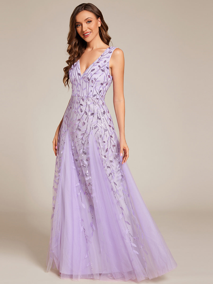 V-Neck Leaf Sequin Sleeveless A-Line Formal Evening Dress with Tulle #color_Lavender