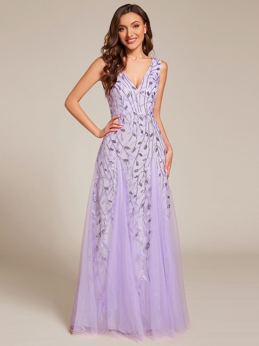 V-Neck Leaf Sequin Sleeveless A-Line Formal Evening Dress with Tulle #color_Lavender