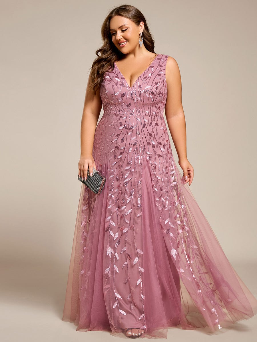 V-Neck Leaf Sequin Sleeveless A-Line Formal Evening Dress with Tulle #color_Purple Orchid