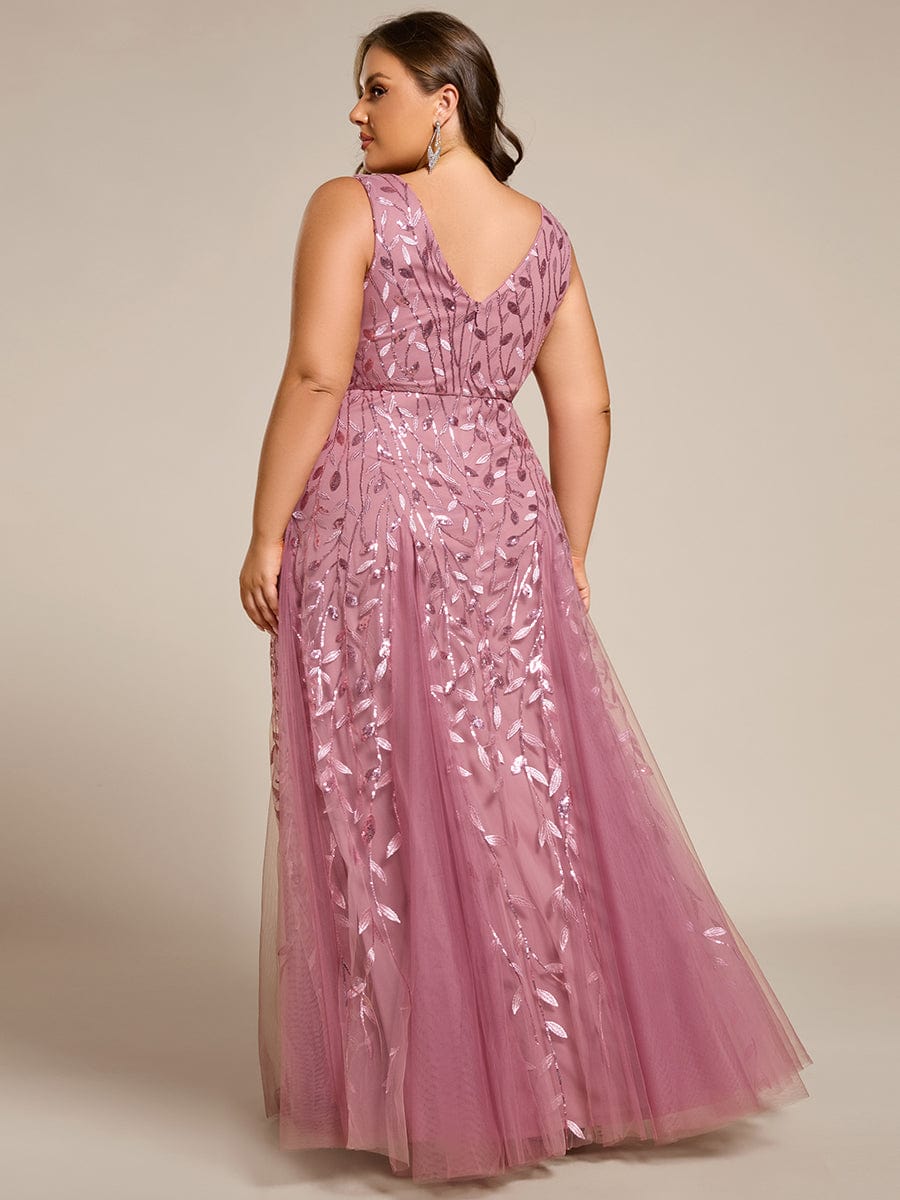 V-Neck Leaf Sequin Sleeveless A-Line Formal Evening Dress with Tulle #color_Purple Orchid