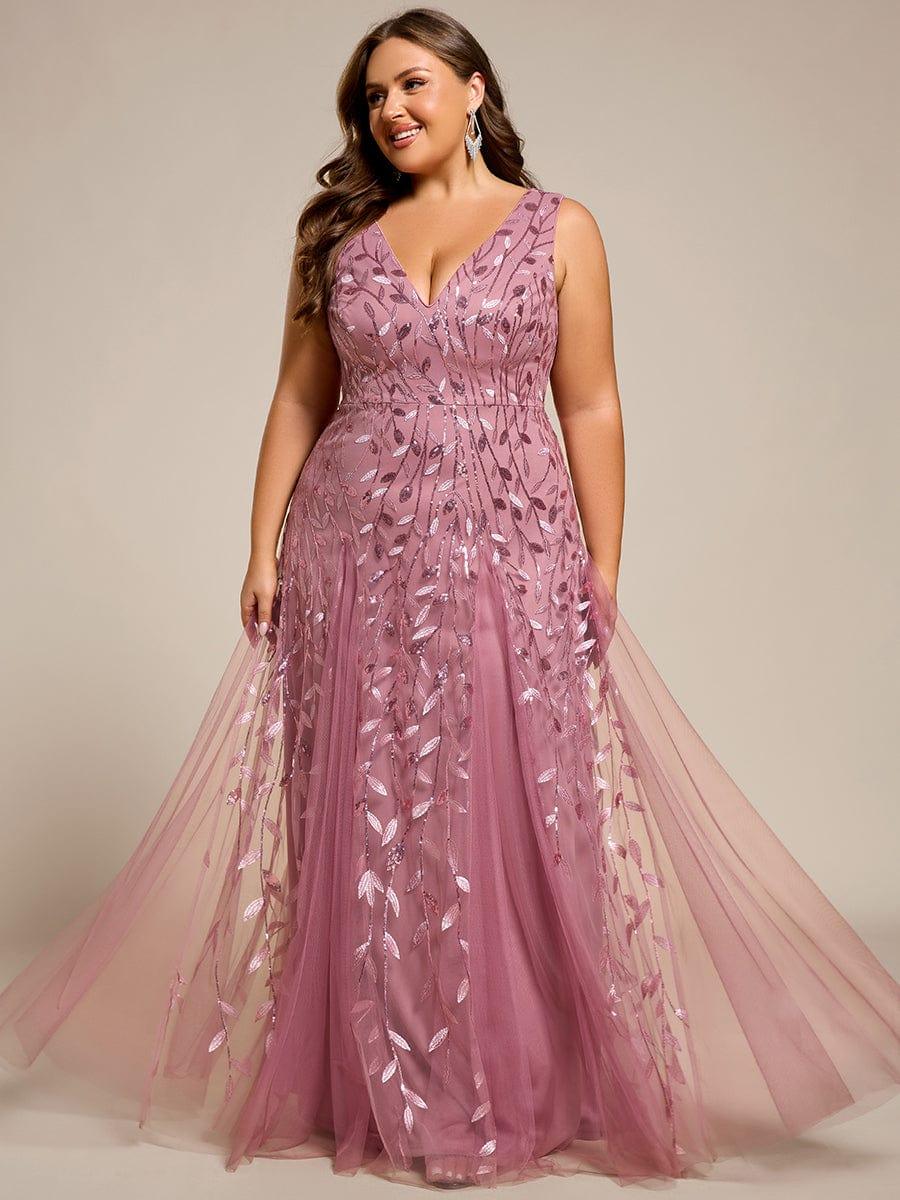 V-Neck Leaf Sequin Sleeveless A-Line Formal Evening Dress with Tulle #color_Purple Orchid