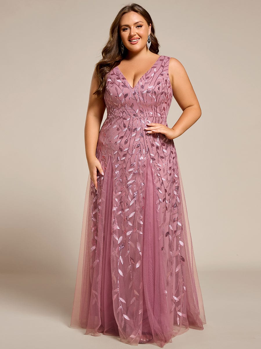 V-Neck Leaf Sequin Sleeveless A-Line Formal Evening Dress with Tulle #color_Purple Orchid