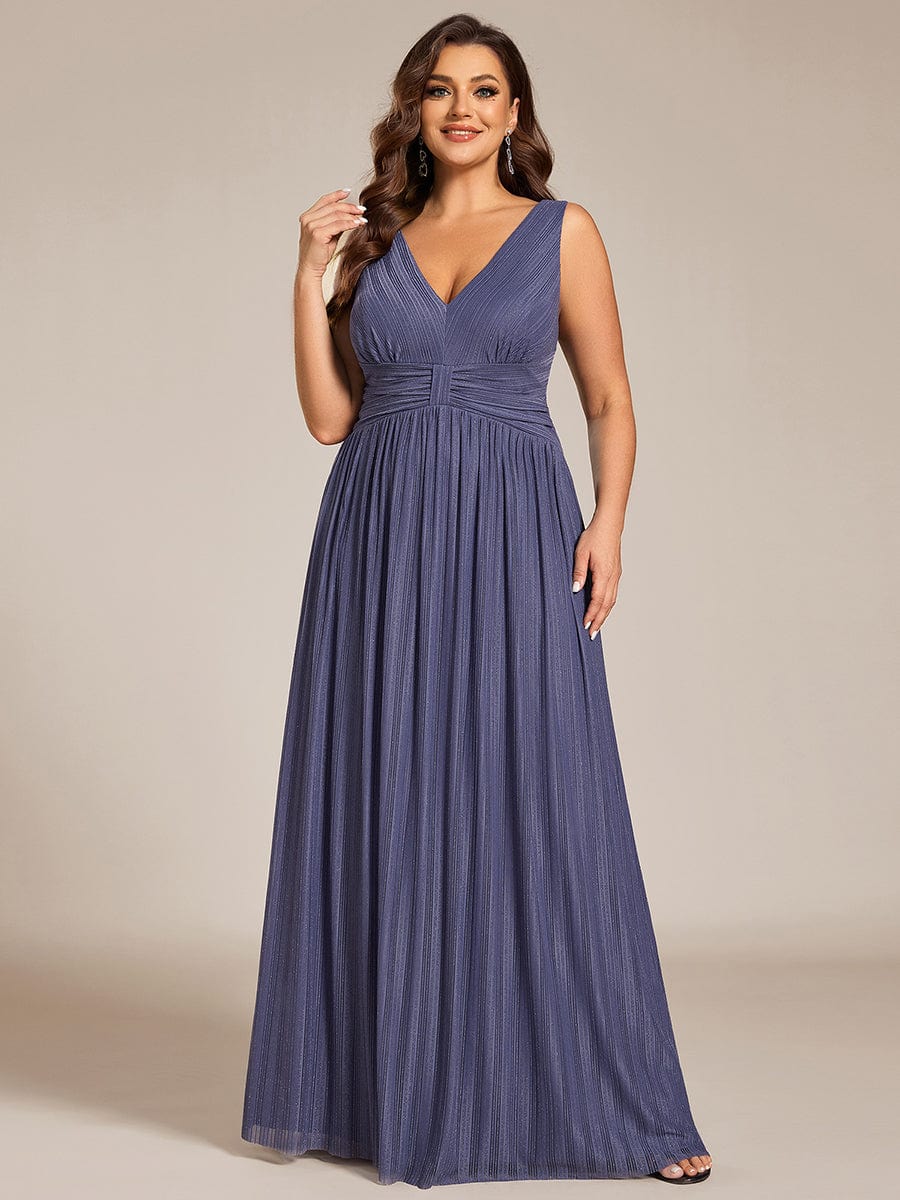 Plus Size Sleeveless V-Neck Pleated A-Line Formal Evening Dress #color_Dusty Blue