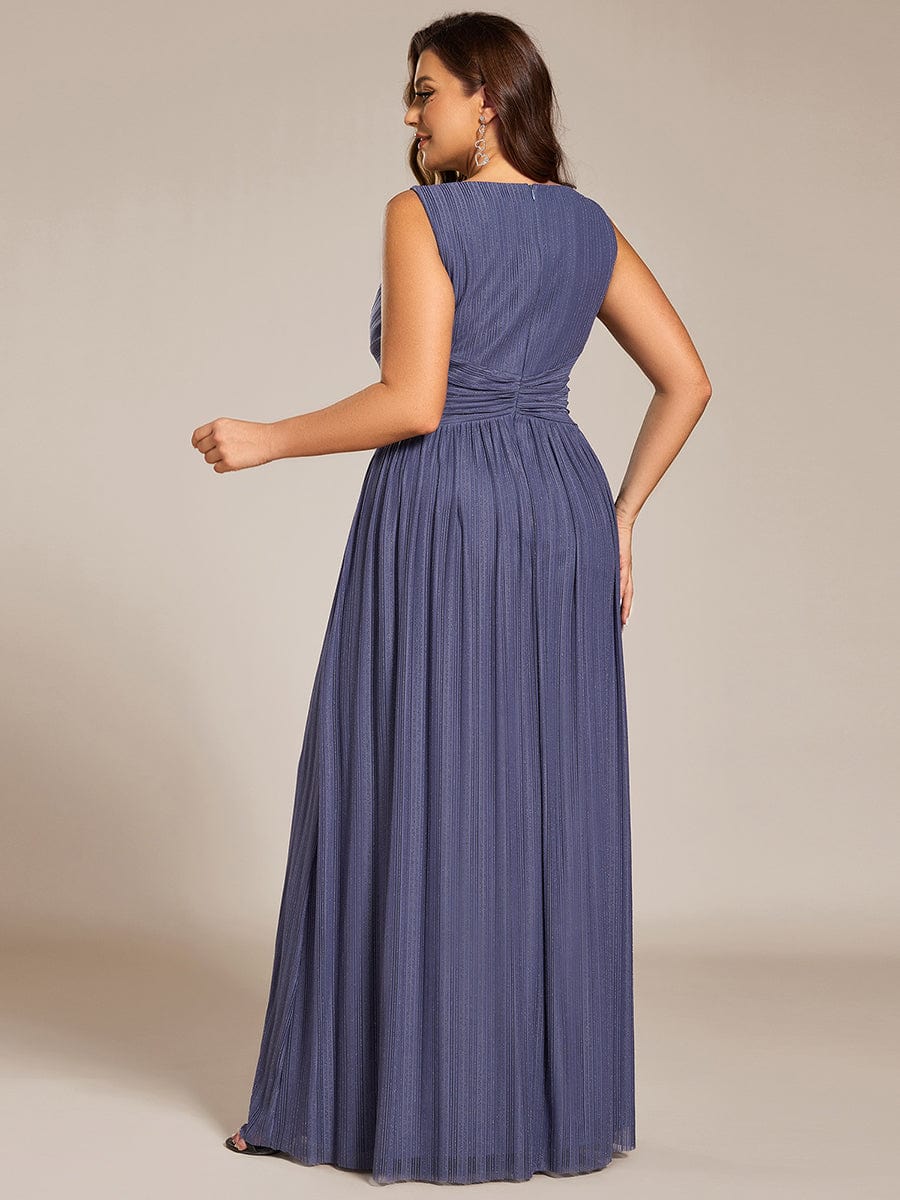 Glittery Sleeveless  Pleated Empire Waist A-Line Formal Evening Dress #color_Dusty Navy