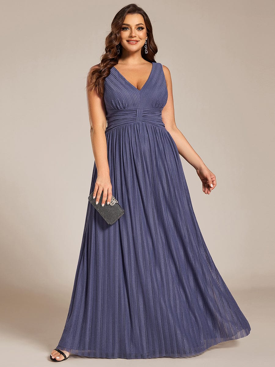 Glittery Sleeveless  Pleated Empire Waist A-Line Formal Evening Dress #color_Dusty Navy