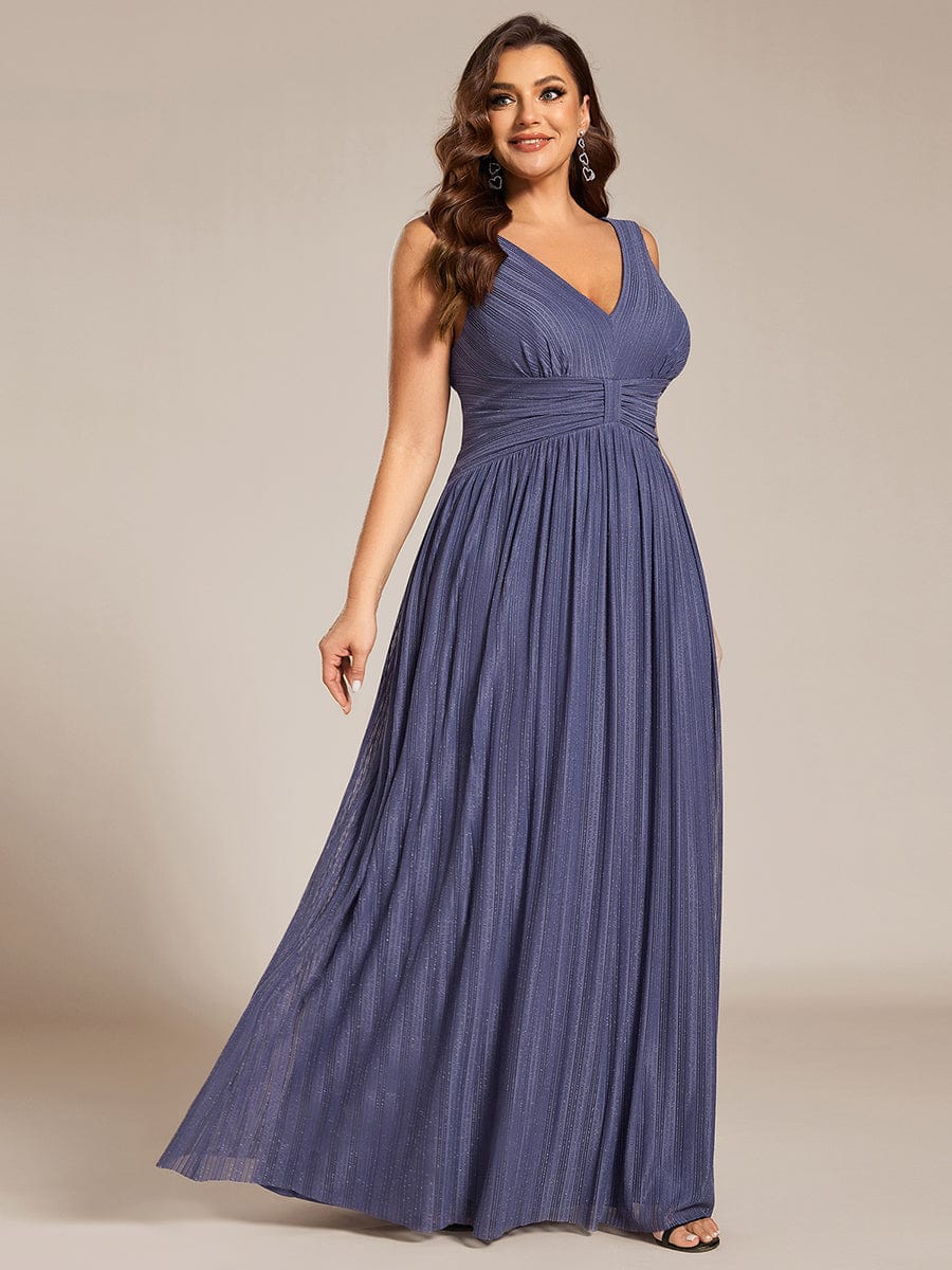 Plus Size Sleeveless V-Neck Pleated A-Line Formal Evening Dress #color_Dusty Blue