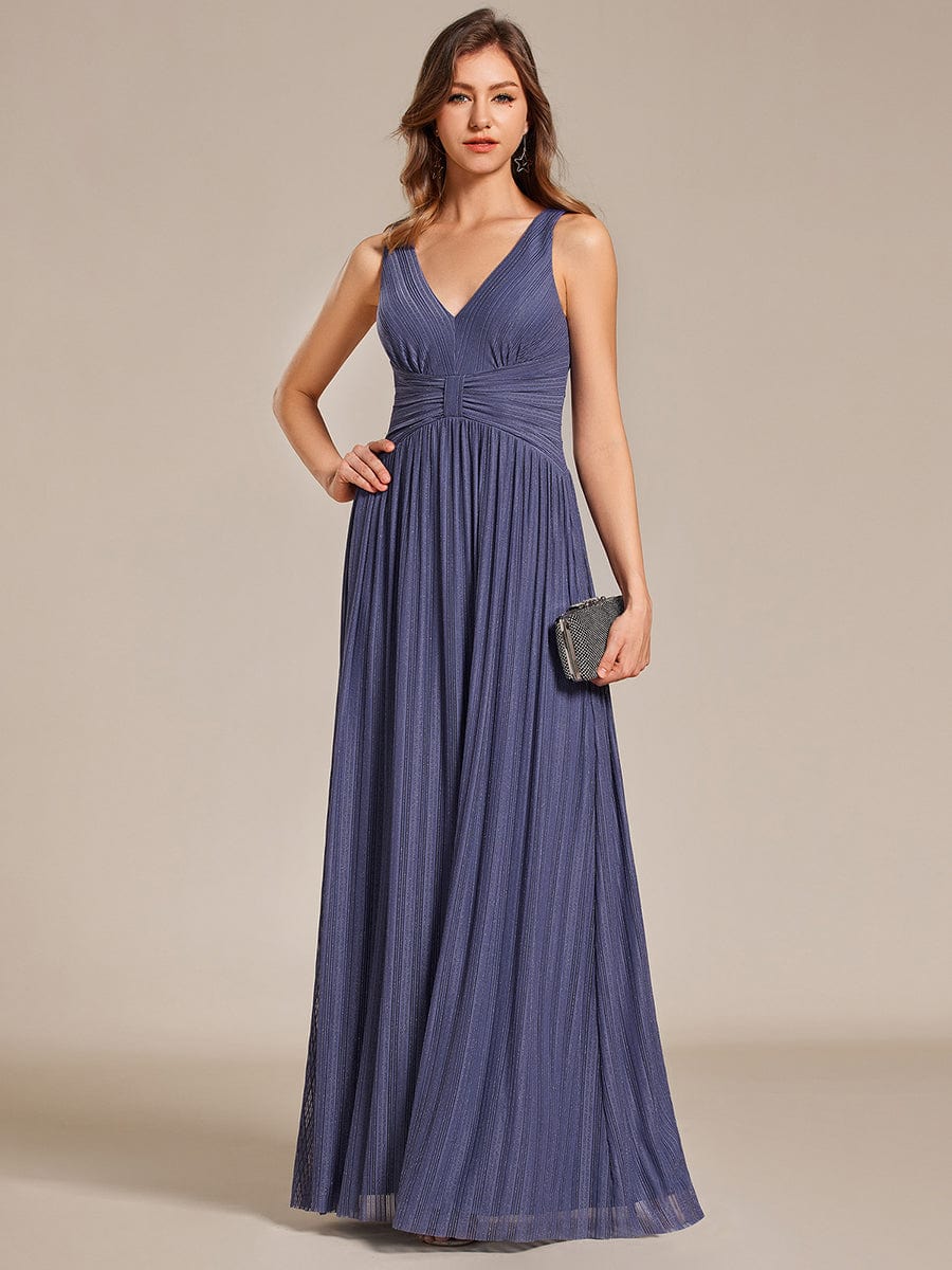 Glittery Sleeveless  Pleated Empire Waist A-Line Formal Evening Dress #color_Dusty Navy