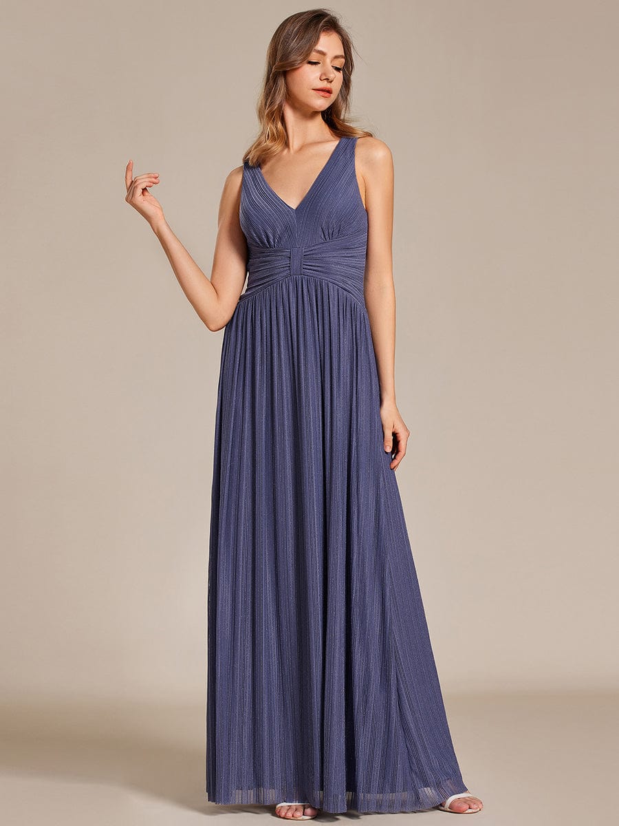 Glittery Sleeveless  Pleated Empire Waist A-Line Formal Evening Dress #color_Dusty Navy