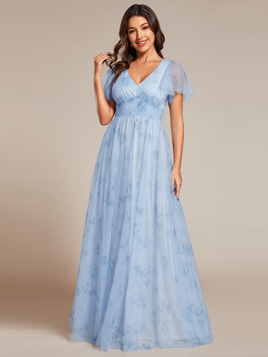 Eleganct Floral Tulle V-Neck Short Sleeve Formal Evening Dress #color_Ice Blue