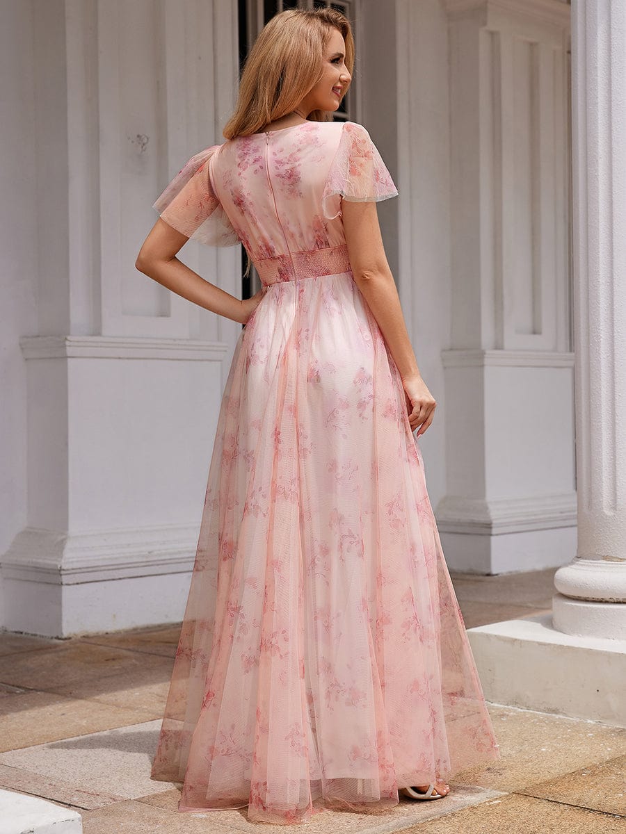 Eleganct Floral Tulle V-Neck Short Sleeve Formal Evening Dress #color_Pink