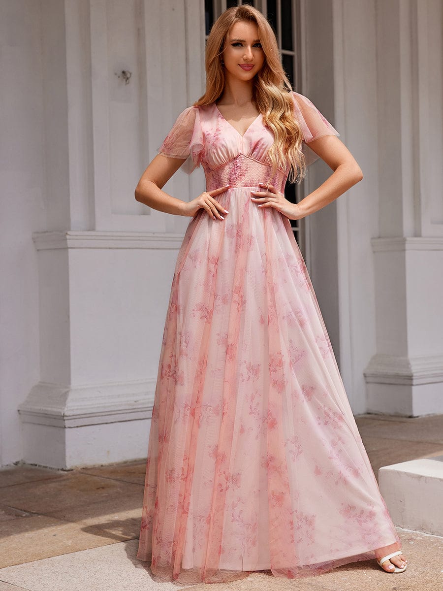 Eleganct Floral Tulle V-Neck Short Sleeve Formal Evening Dress #color_Pink
