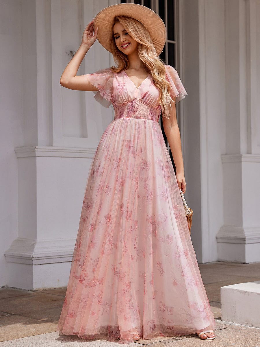 Floral evening dress with sleeves best sale