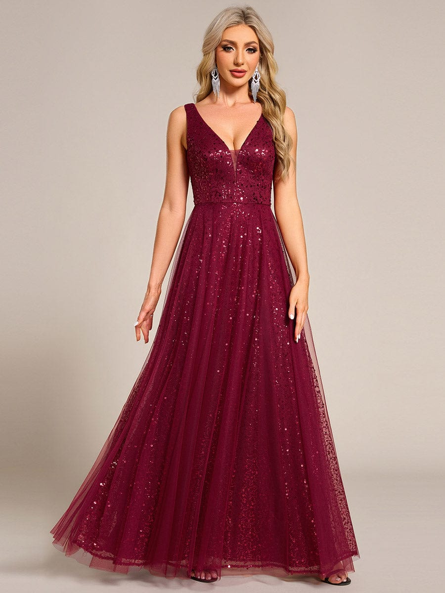 V-Neck Sleeveless High-Waist See-Through Sequin Tulle Evening Dress #color_Burgundy