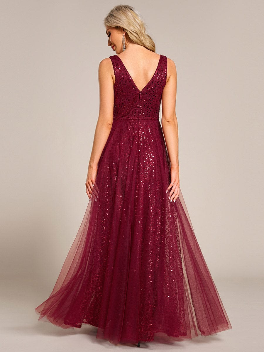 V-Neck Sleeveless High-Waist See-Through Sequin Tulle Evening Dress #color_Burgundy