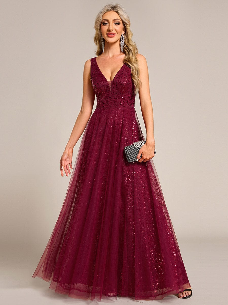 V-Neck Sleeveless High-Waist See-Through Sequin Tulle Evening Dress #color_Burgundy