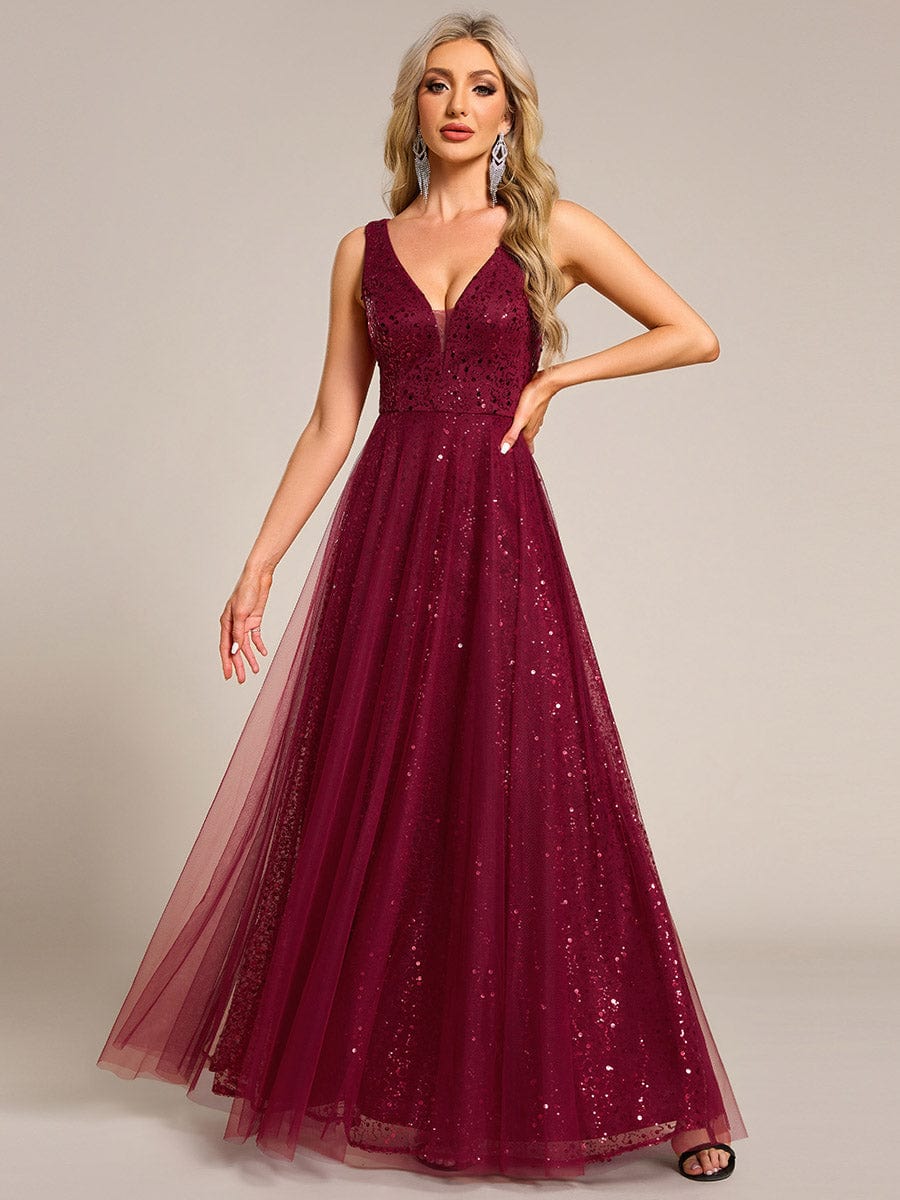 V-Neck Sleeveless High-Waist See-Through Sequin Tulle Evening Dress #color_Burgundy