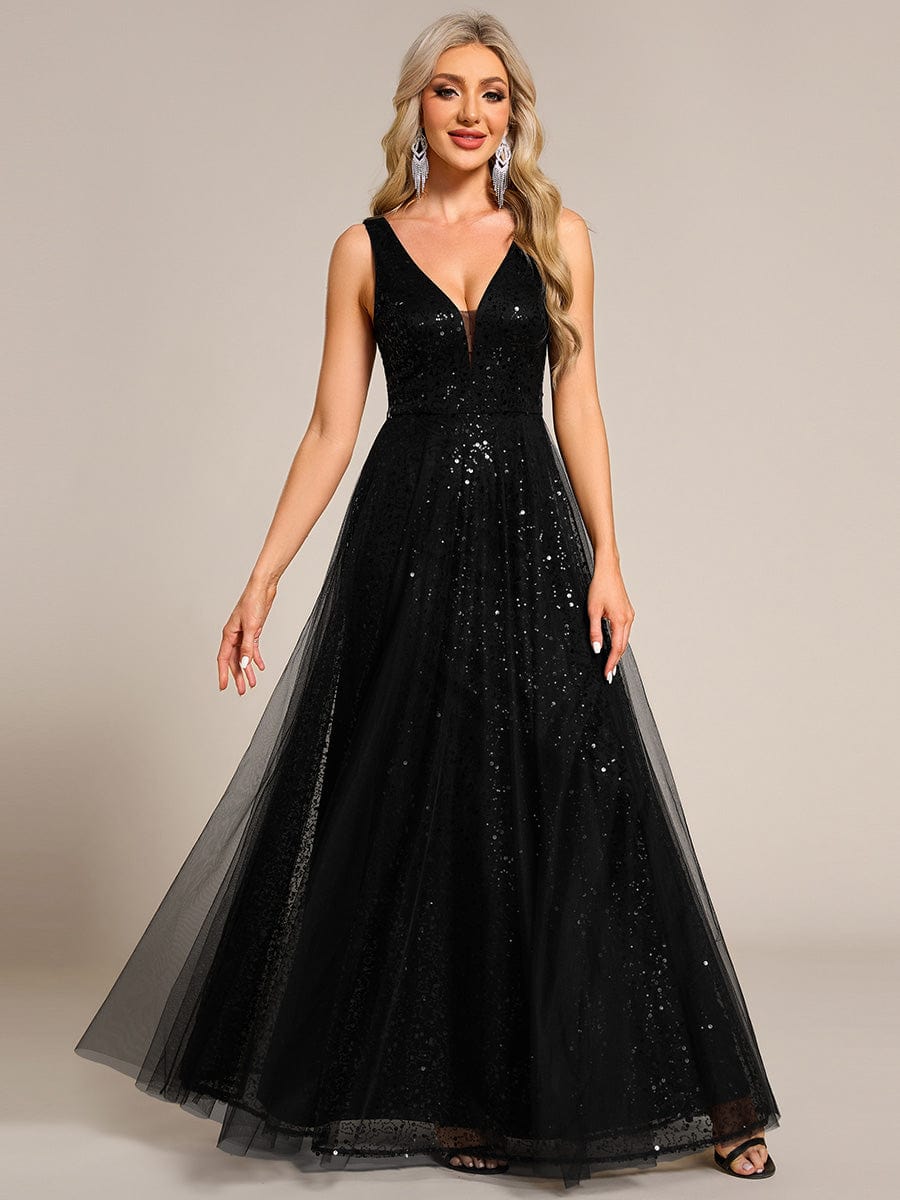 V-Neck Sleeveless High-Waist See-Through Sequin Tulle Evening Dress #color_Black