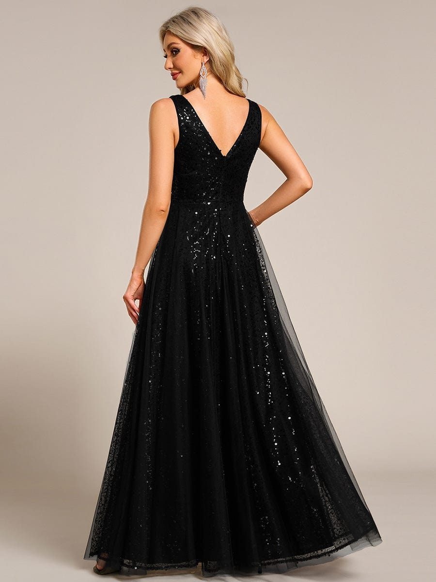 V-Neck Sleeveless High-Waist See-Through Sequin Tulle Evening Dress #color_Black