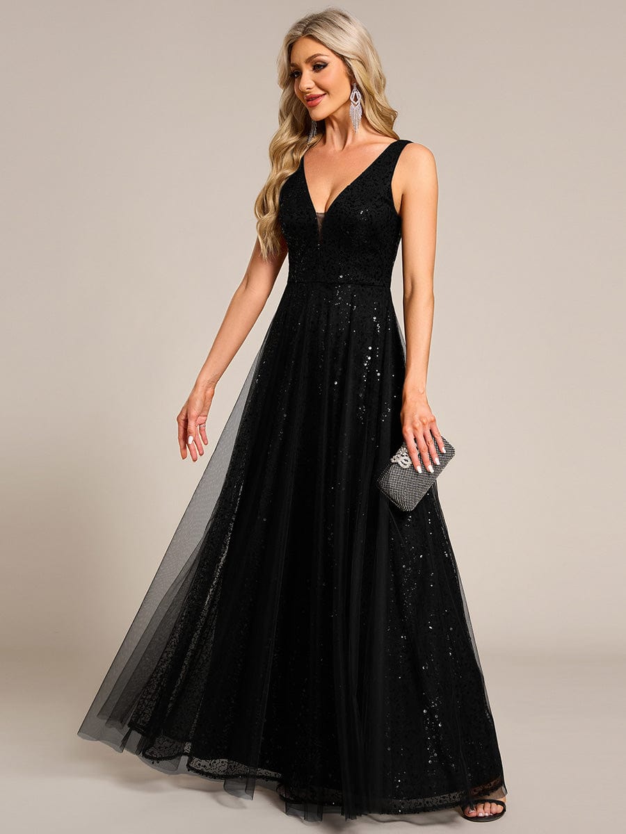 V-Neck Sleeveless High-Waist See-Through Sequin Tulle Evening Dress #color_Black