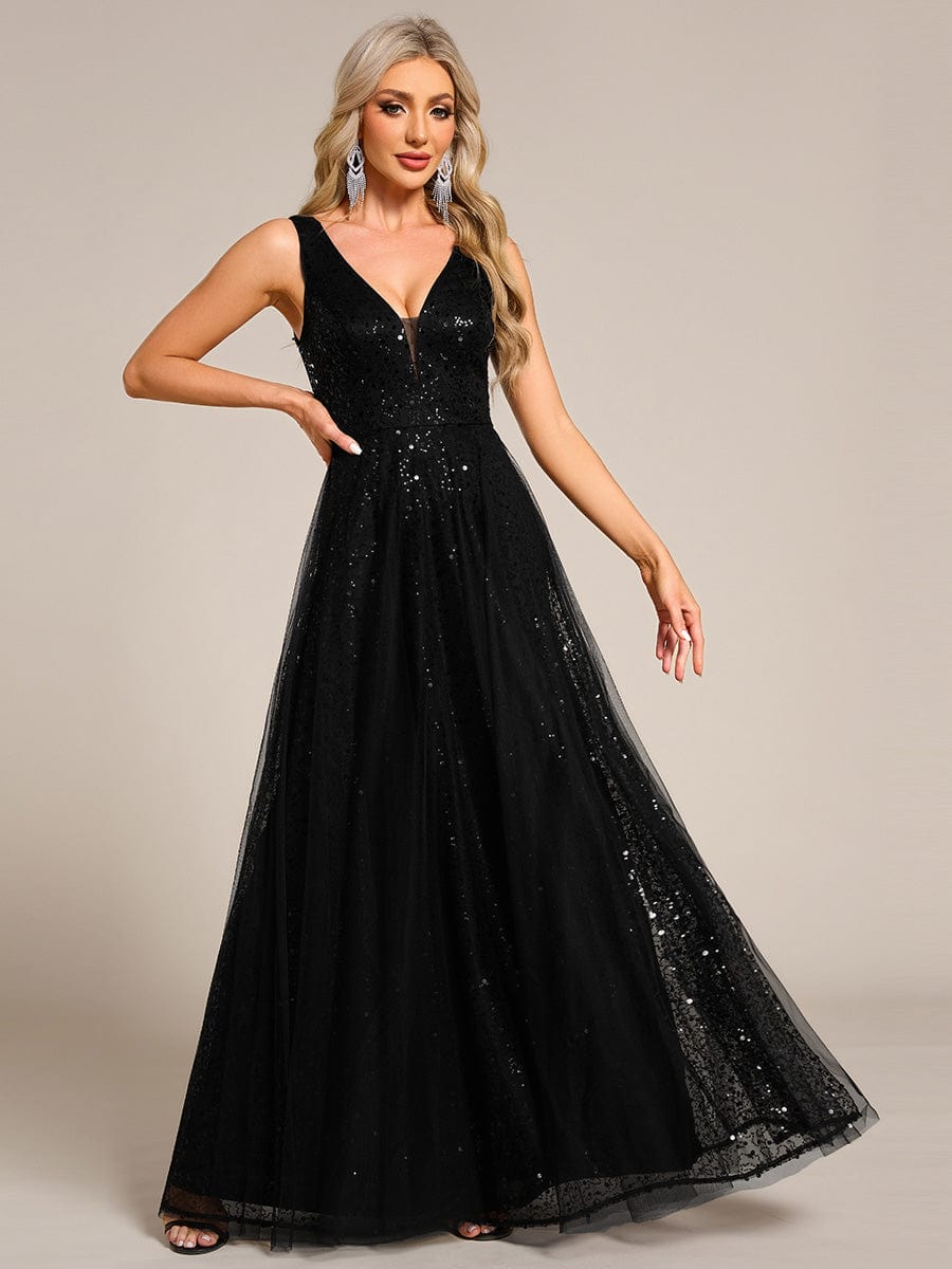 V-Neck Sleeveless High-Waist See-Through Sequin Tulle Evening Dress #color_Black