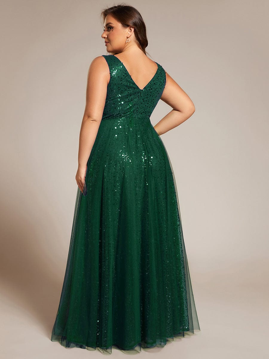 Plus Size Sequin V-Neck Sleeveless Empire Waist Tulle Formal Evening Dress #color_Dark Green