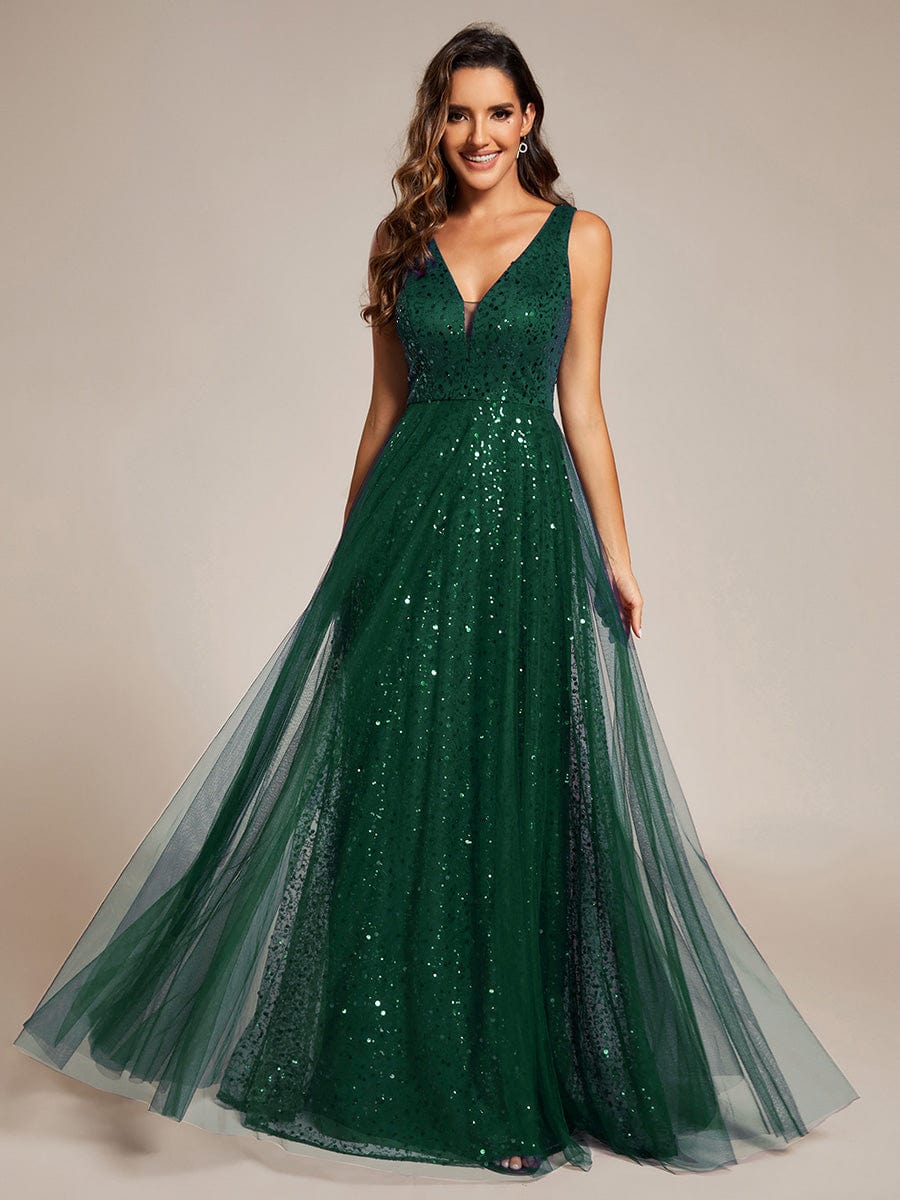 V-Neck Sleeveless High-Waist See-Through Sequin Tulle Evening Dress #color_Dark Green