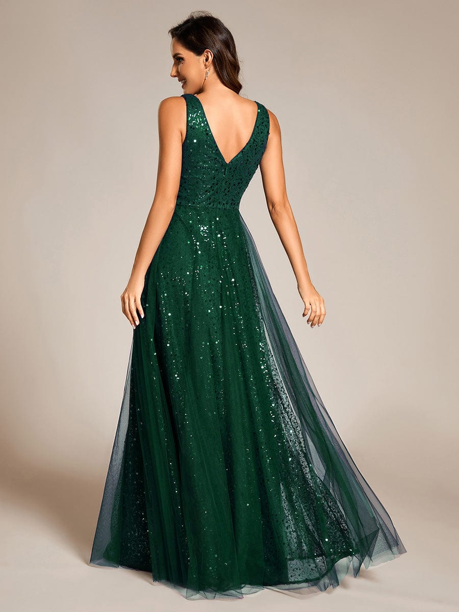 V-Neck Sleeveless High-Waist See-Through Sequin Tulle Evening Dress #color_Dark Green