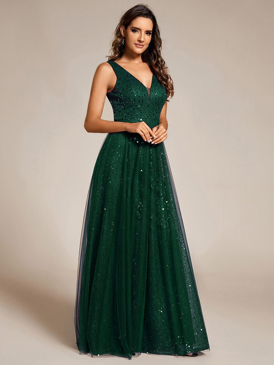 V-Neck Sleeveless High-Waist See-Through Sequin Tulle Evening Dress #color_Dark Green