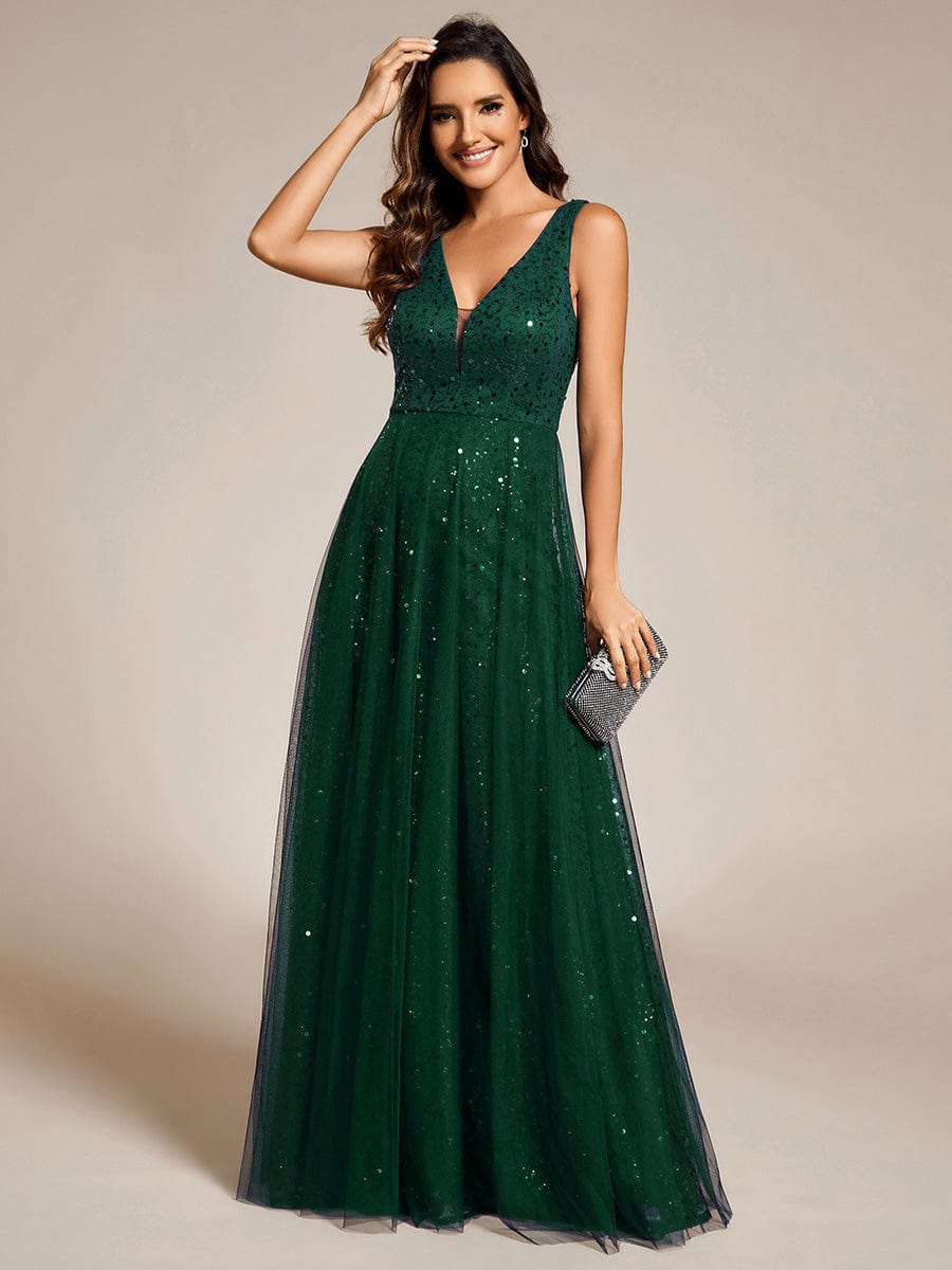 V-Neck Sleeveless High-Waist See-Through Sequin Tulle Evening Dress #color_Dark Green