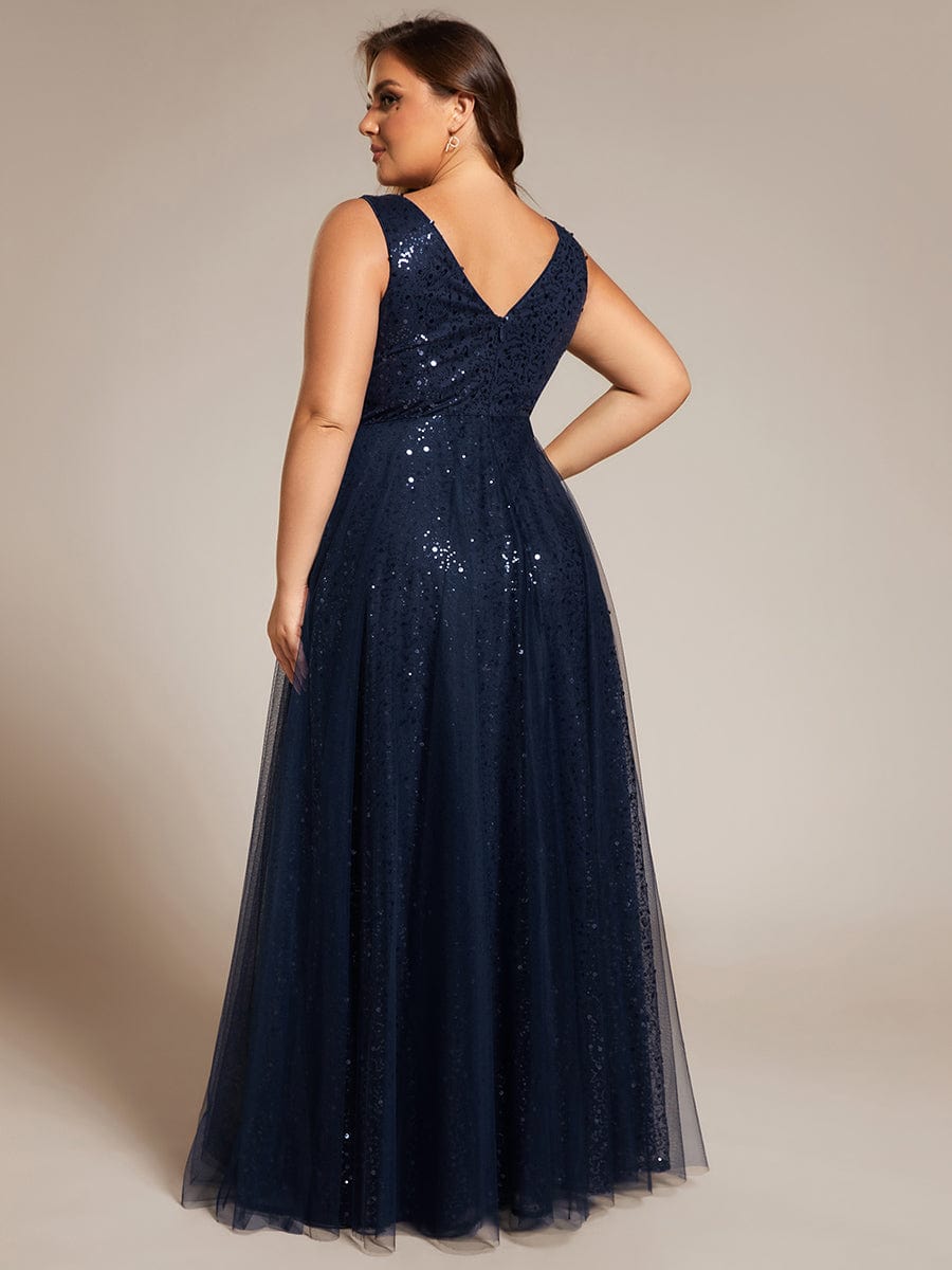 Plus Size Sequin V-Neck Sleeveless Empire Waist Tulle Formal Evening Dress #color_Navy Blue