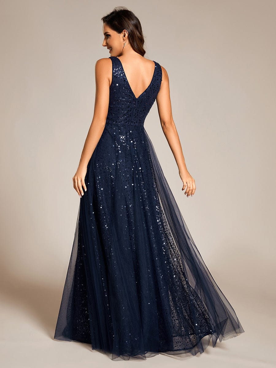 V-Neck Sleeveless High-Waist See-Through Sequin Tulle Evening Dress #color_Navy Blue