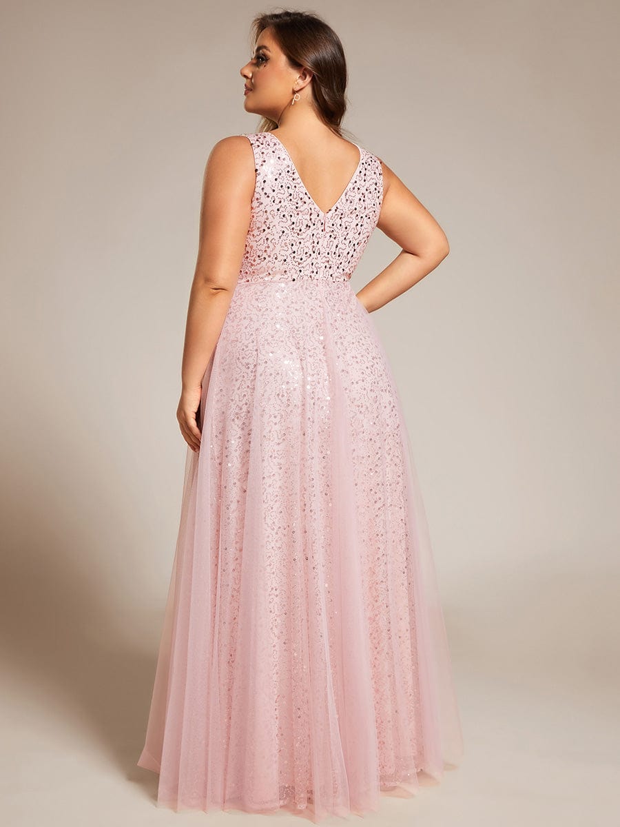 Plus Size Sequin V-Neck Sleeveless Empire Waist Tulle Formal Evening Dress #color_Pink