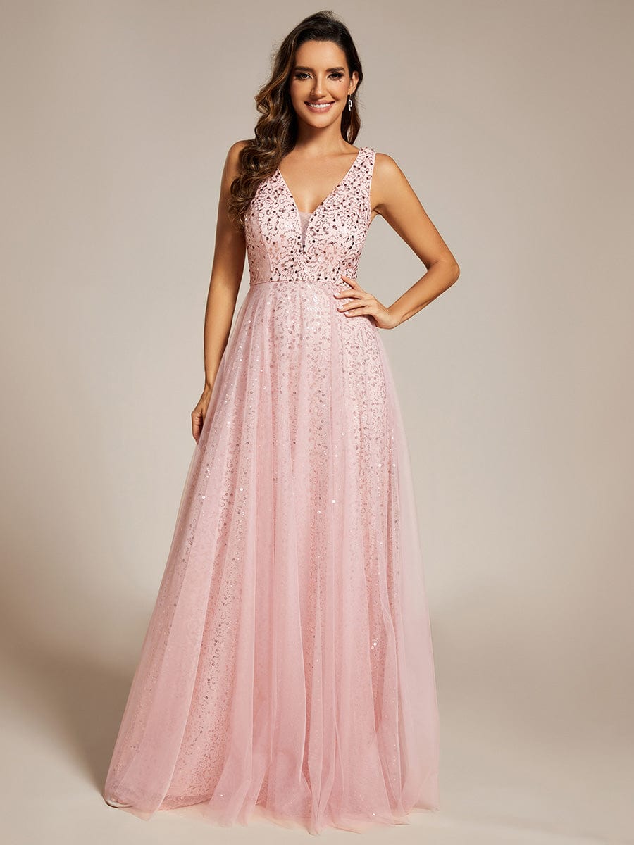 V-Neck Sleeveless High-Waist See-Through Sequin Tulle Evening Dress #color_Pink