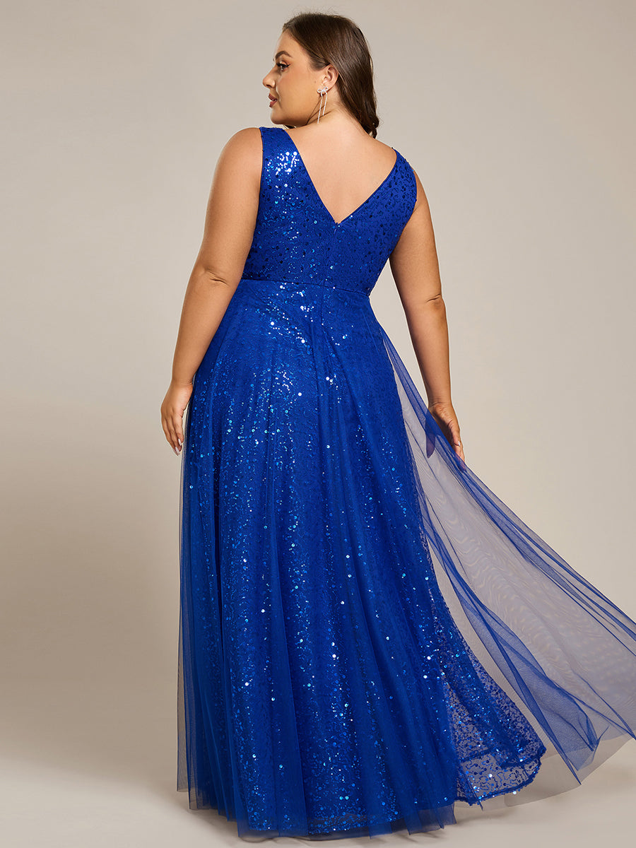 V-Neck Sleeveless High-Waist See-Through Sequin Tulle Evening Dress #color_Sapphire Blue