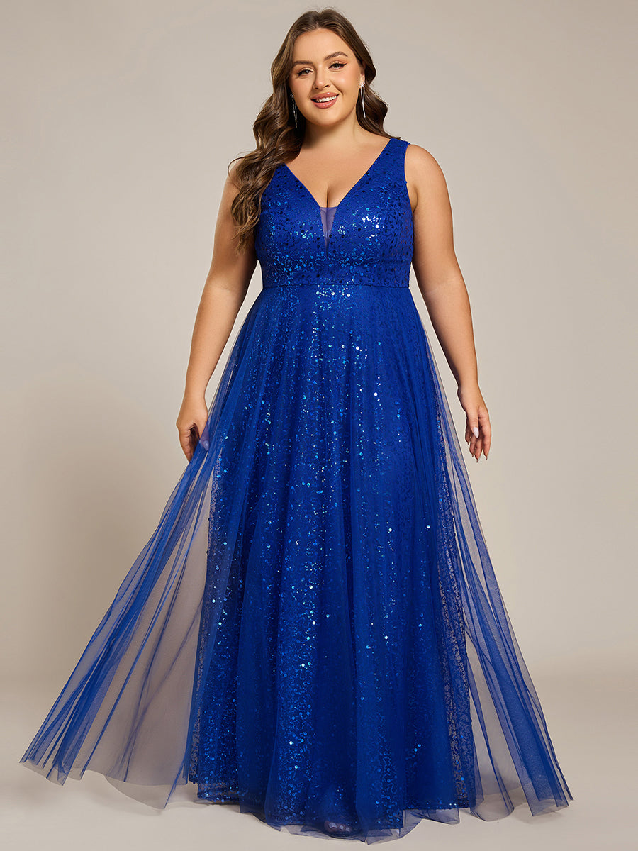 V-Neck Sleeveless High-Waist See-Through Sequin Tulle Evening Dress #color_Sapphire Blue