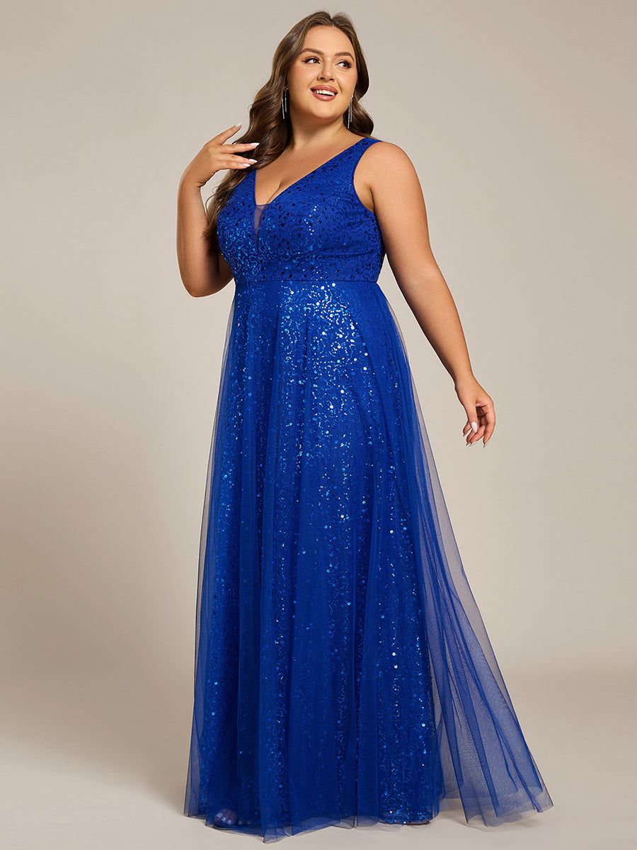 V-Neck Sleeveless High-Waist See-Through Sequin Tulle Evening Dress #color_Sapphire Blue