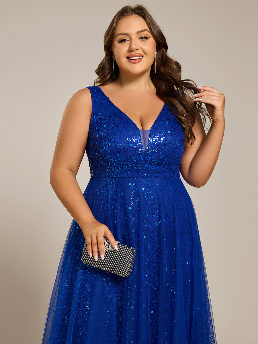 V-Neck Sleeveless High-Waist See-Through Sequin Tulle Evening Dress #color_Sapphire Blue