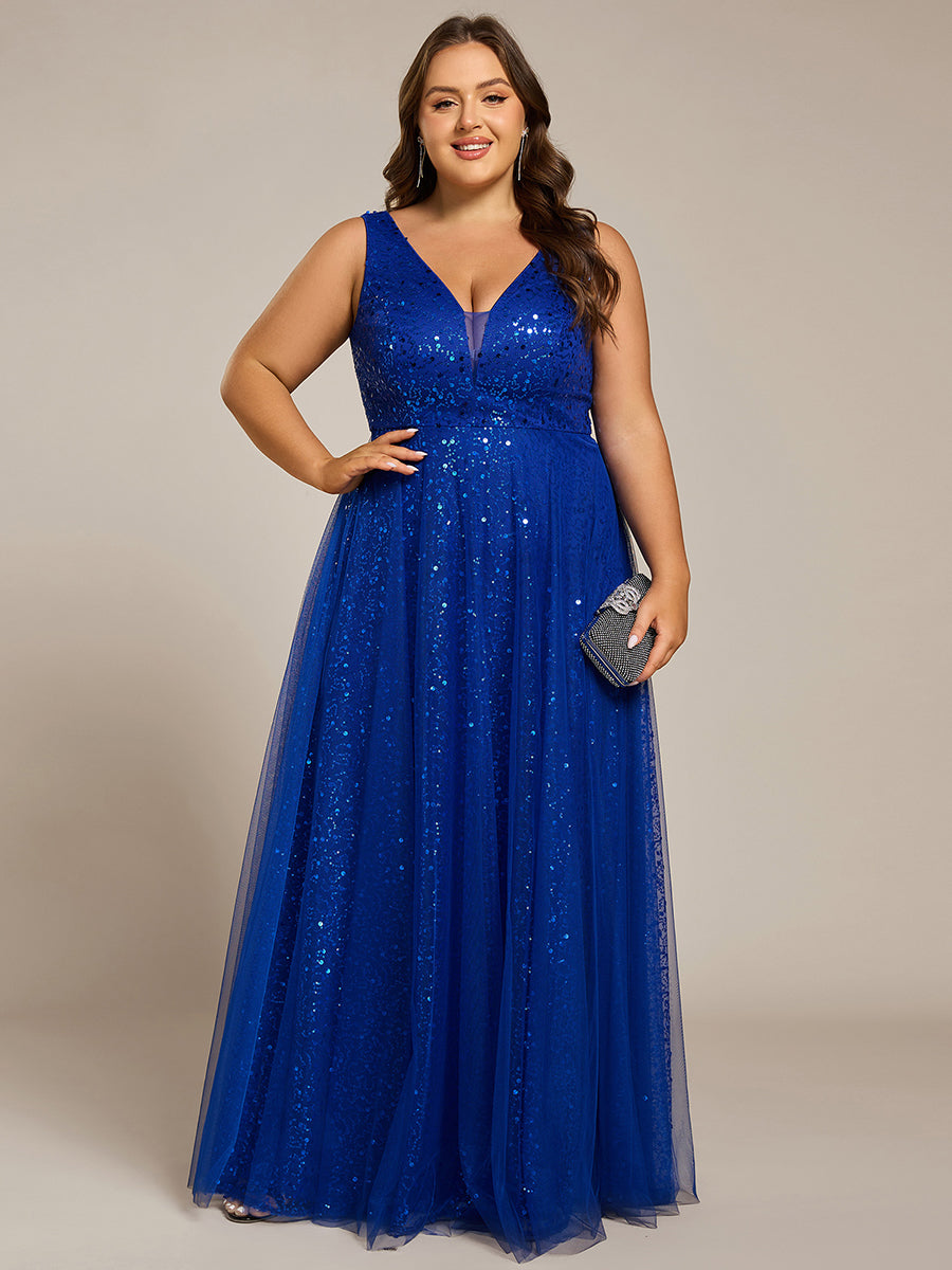 Plus Size Sequin V-Neck Sleeveless Empire Waist Tulle Formal Evening Dress #color_Sapphire Blue