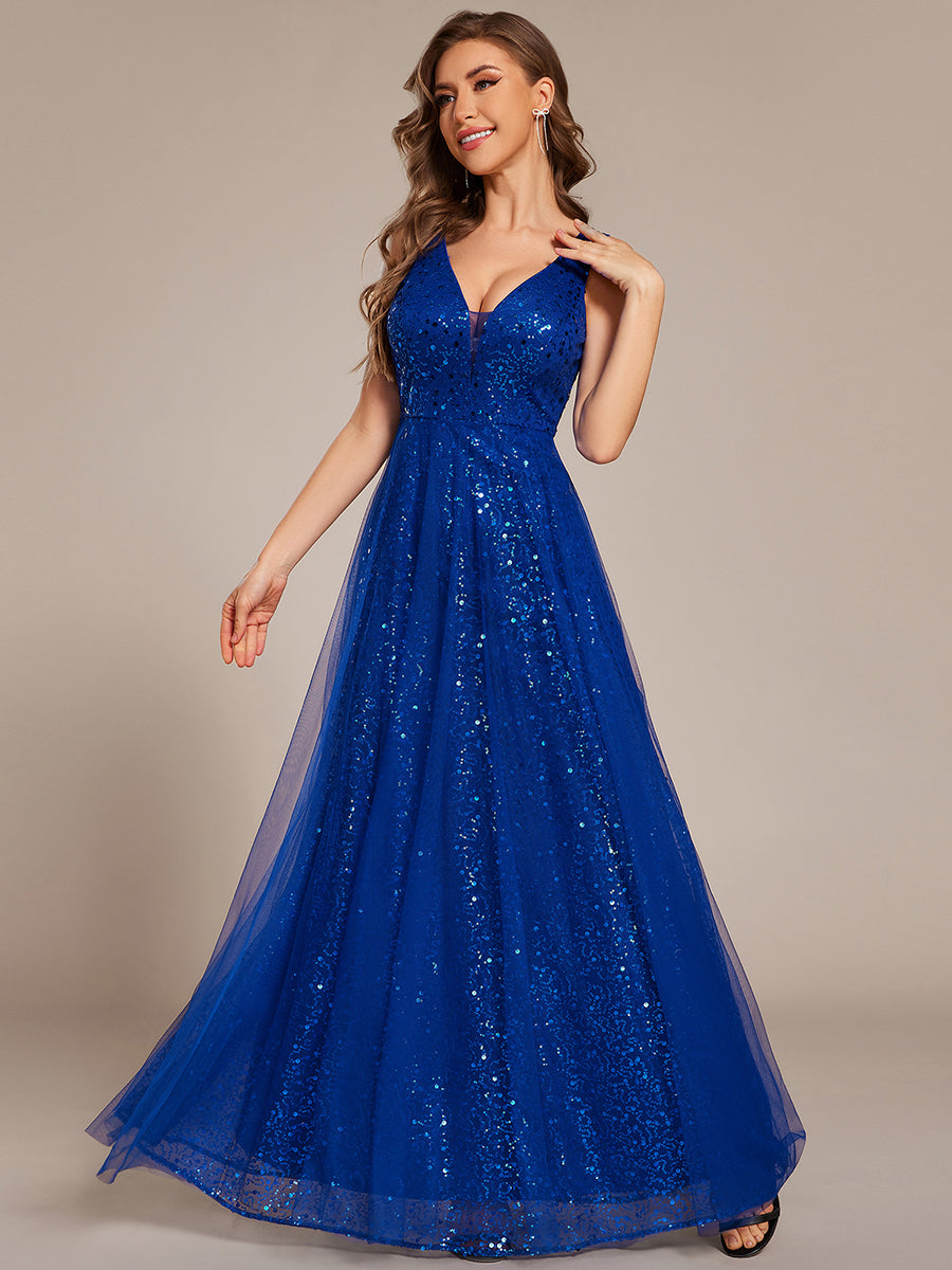 V-Neck Sleeveless High-Waist See-Through Sequin Tulle Evening Dress #color_Sapphire Blue