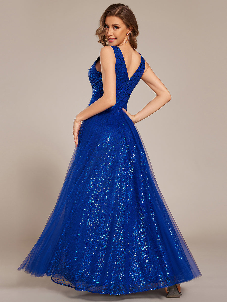 V-Neck Sleeveless High-Waist See-Through Sequin Tulle Evening Dress #color_Sapphire Blue