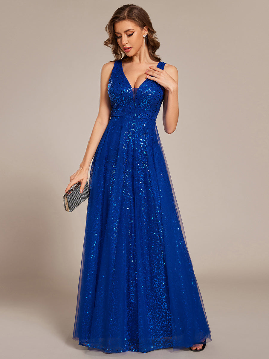 V-Neck Sleeveless High-Waist See-Through Sequin Tulle Evening Dress #color_Sapphire Blue