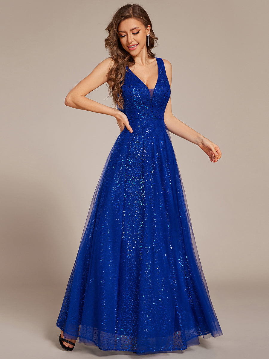 V-Neck Sleeveless High-Waist See-Through Sequin Tulle Evening Dress #color_Sapphire Blue