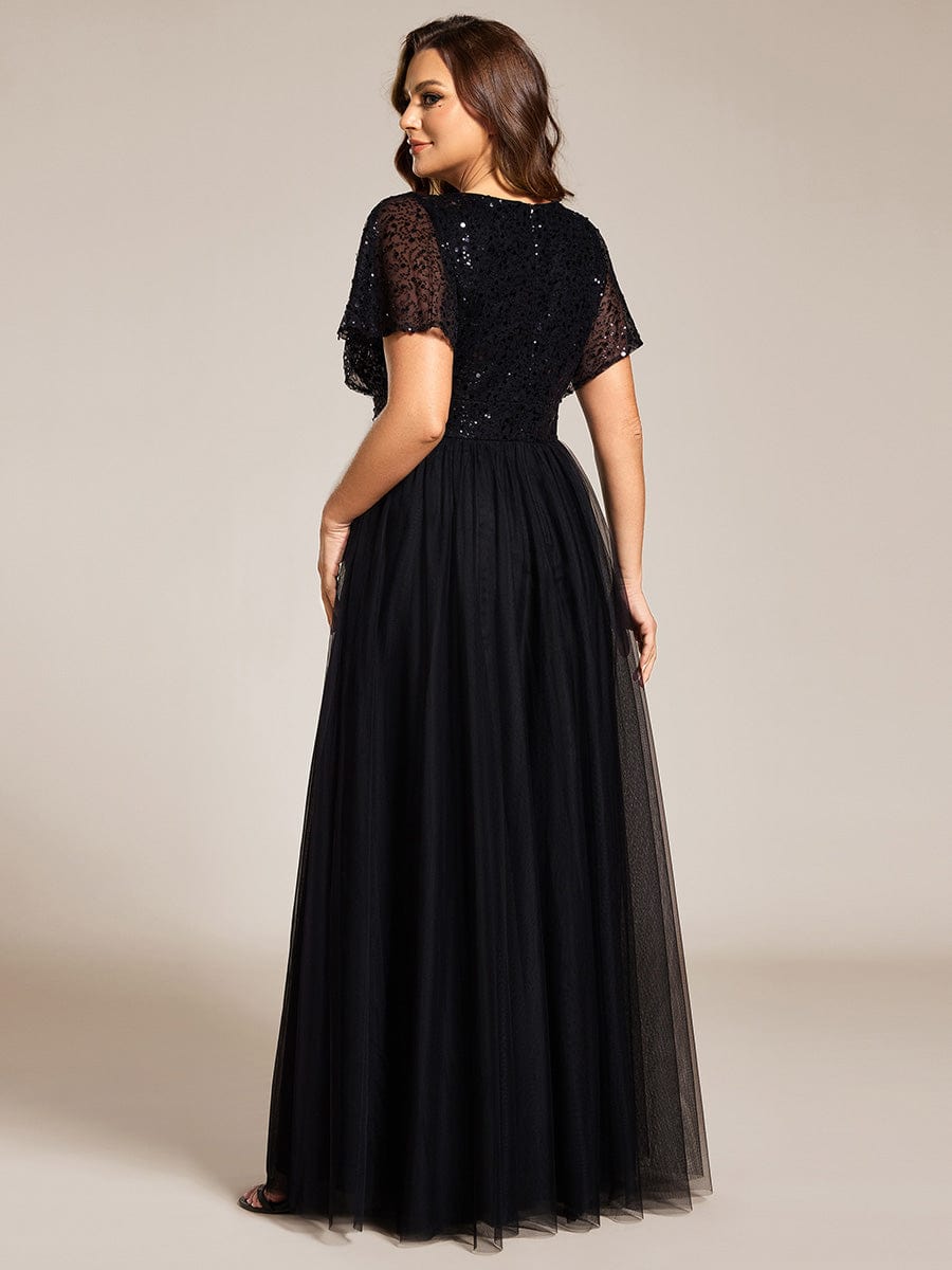 Plus Size Short Sleeves Sequin V-Neck Formal Evening Dress with Tulle #color_Black