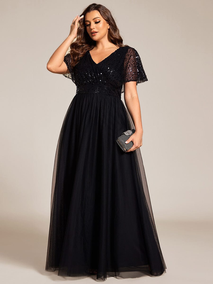 Plus Size Short Sleeves Sequin V-Neck Formal Evening Dress with Tulle #color_Black