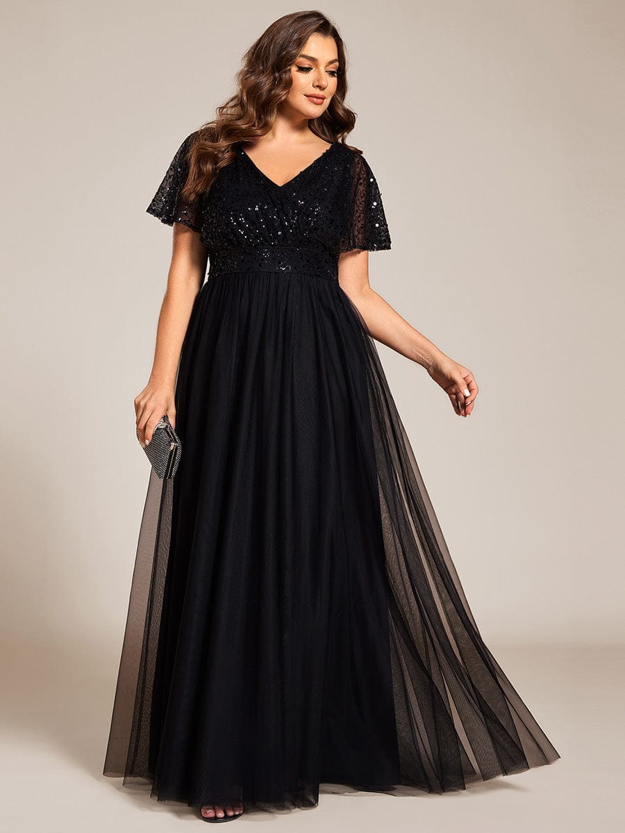 Plus Size Short Sleeves Sequin V-Neck Formal Evening Dress with Tulle #color_Black